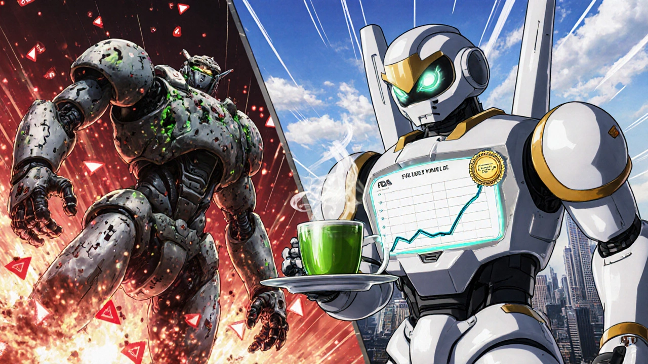 A destructive pill mech explodes beside a noble robot holding green tea and caffeine, symbolizing safe alternatives.