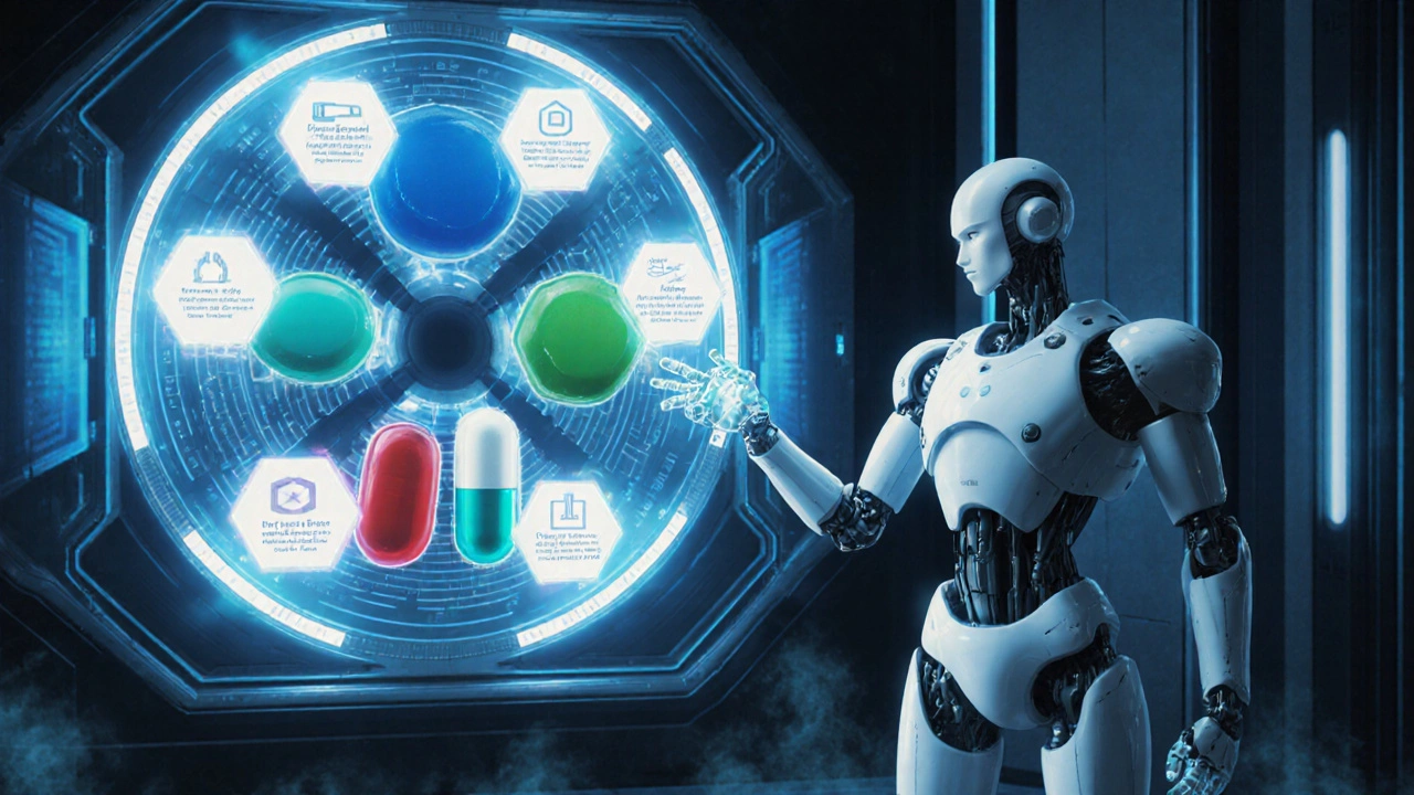 A humanoid robot displays a rotating set of distinct pills with holographic icons in a futuristic control room.