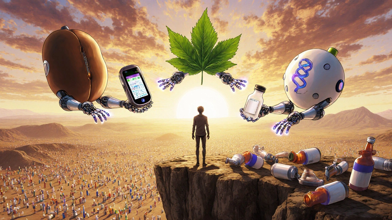 A person at a cliff of discarded pills is offered tools by robotic mentors representing science-based weight loss.