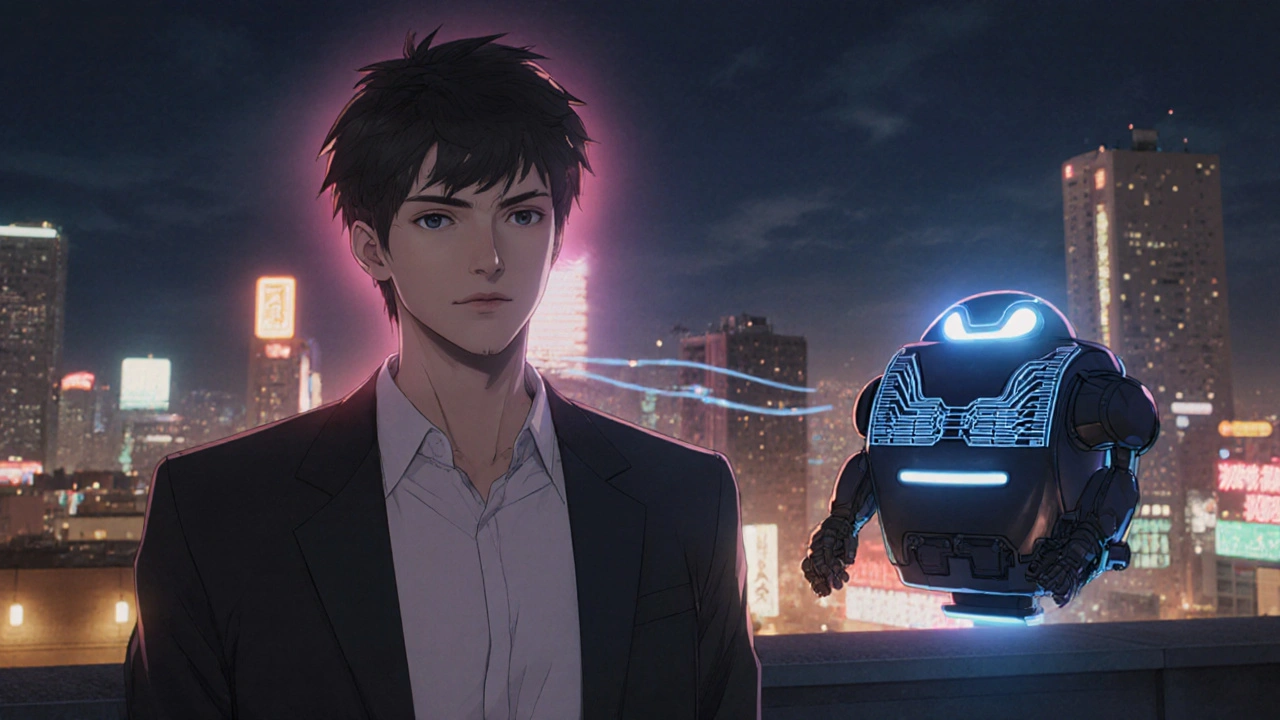 A relaxed young man stands on a rooftop at night with a hovering robot projecting a calming aura.