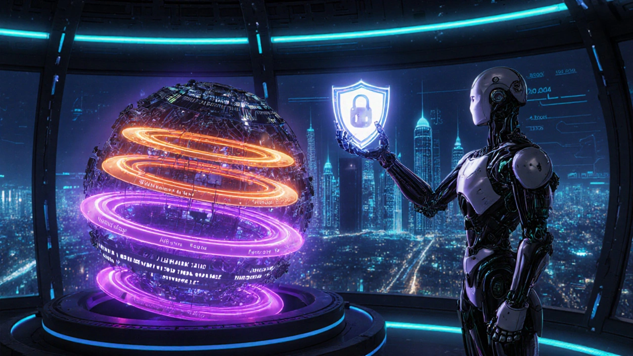 AI robot analyzing a glowing data sphere of drug tiers, holding a protective shield.