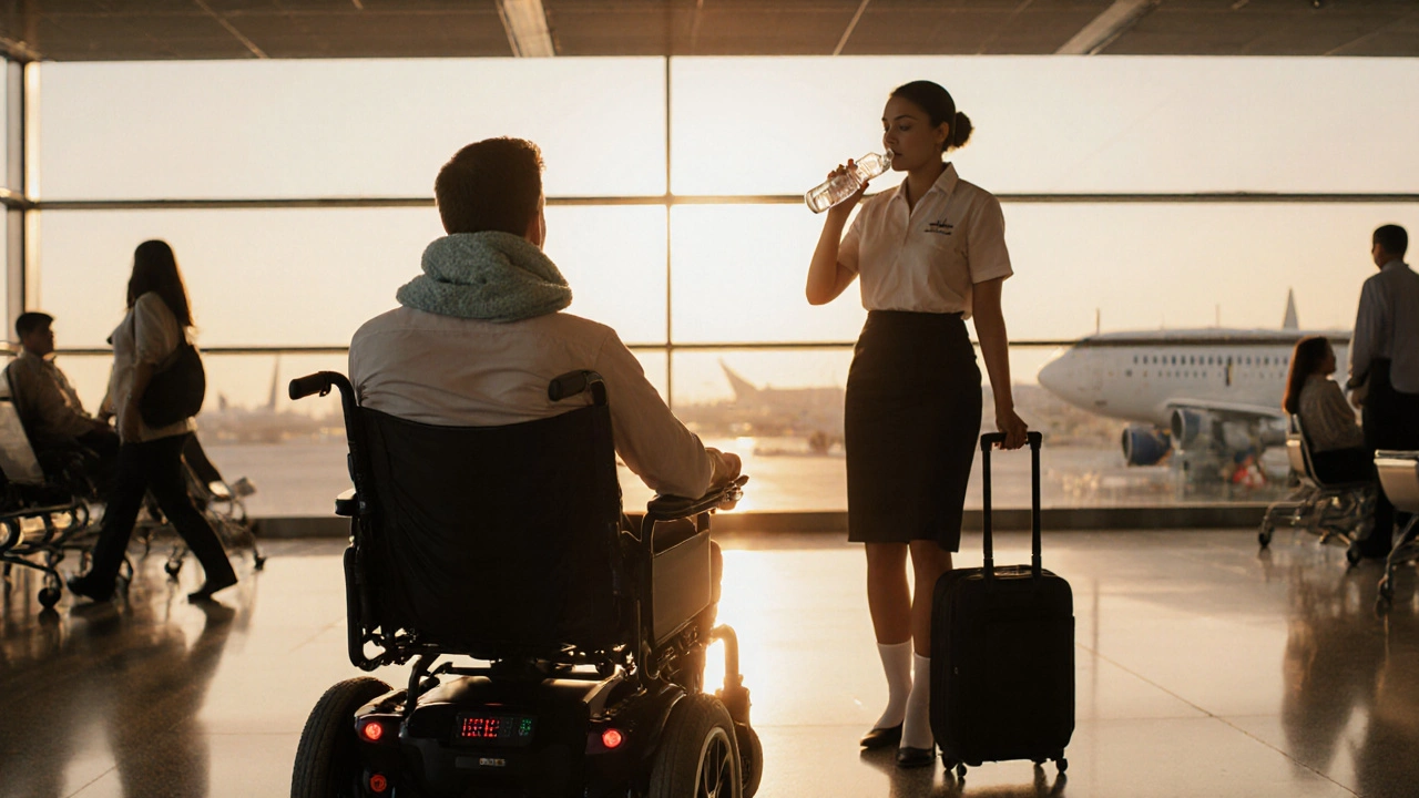 Airline staff provides wheelchair assistance; traveler uses cooling towel and water bottle.