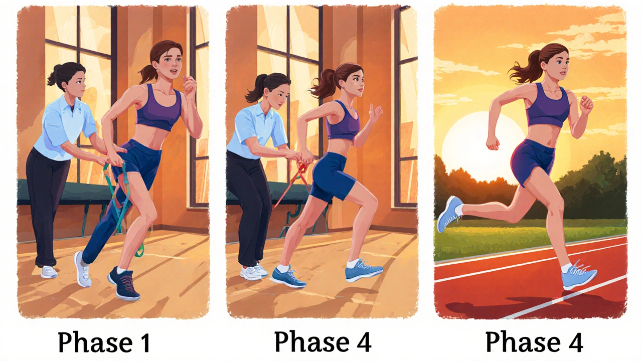 Athlete progressing through rehab exercises from stretching to sprinting.