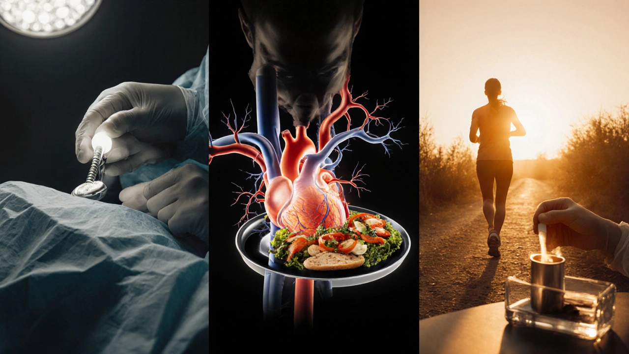 Cinematic depiction of PCI catheter, bypass surgery, and healthy lifestyle activities.