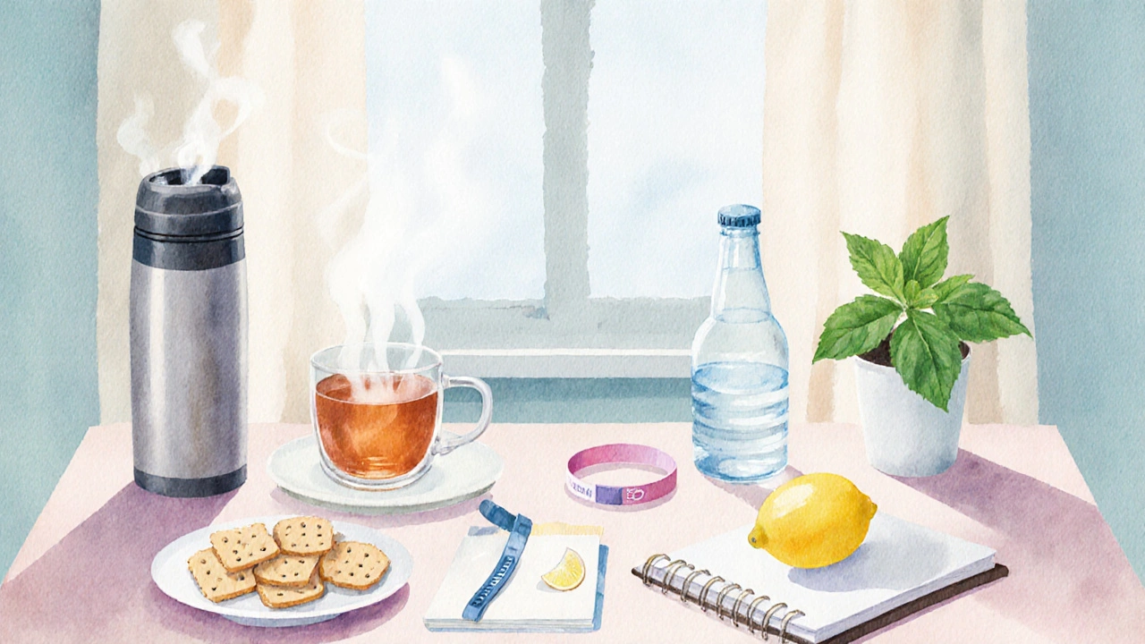 Desk with ginger tea, crackers, water bottle, wrist band and a window for ventilation.