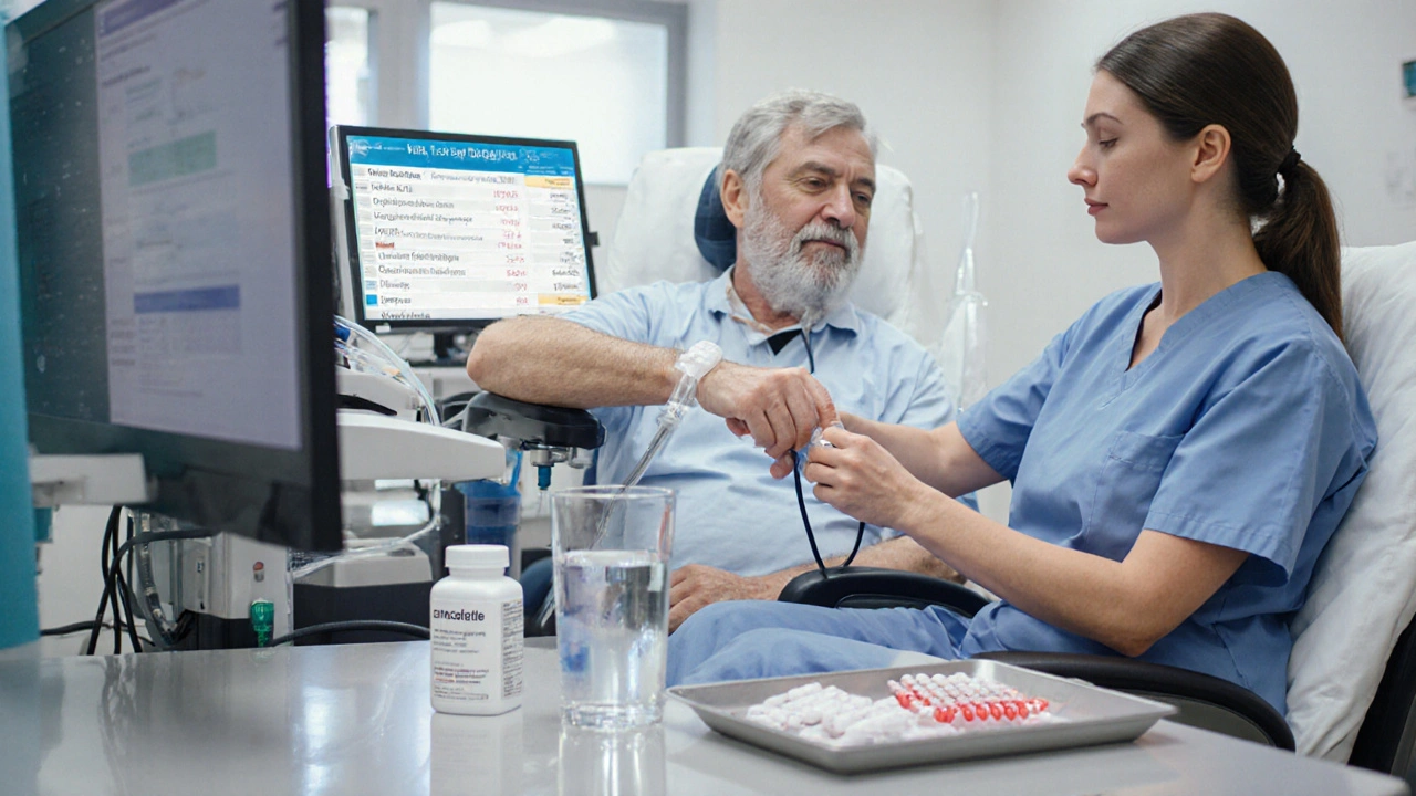 Dialysis patient receiving IV etelcalcetide, with lab monitor showing controlled mineral levels.