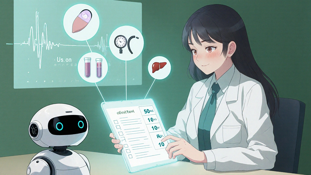 Doctor and robot review dosage and monitoring icons for cilostazol treatment.
