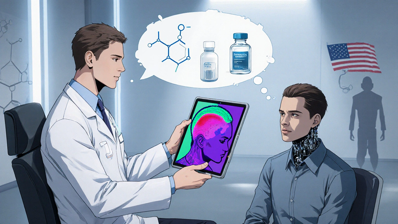 Doctor and robot review scalp blood‑flow map with treatment options.