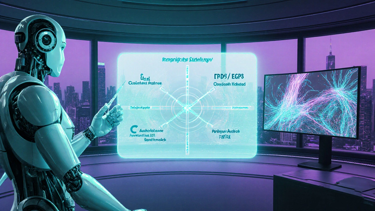 Futuristic lab showing holographic treatment decision matrix and gene‑editing of parathyroid tissue.