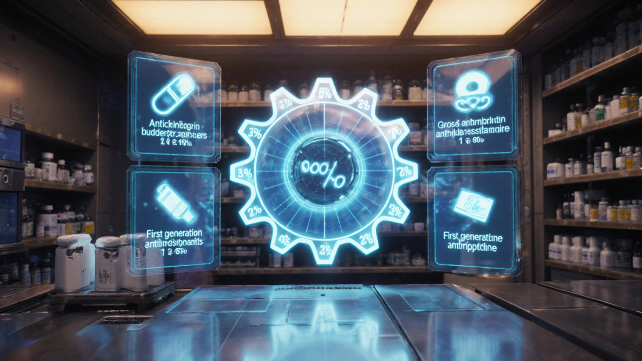 Futuristic pharmacy with holographic panels showing dry‑mouth causing meds and risk percentages.