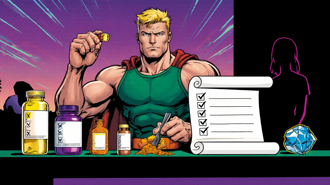 Hero holding supplement bottle and turmeric spoon beside a glowing checklist in comic style.
