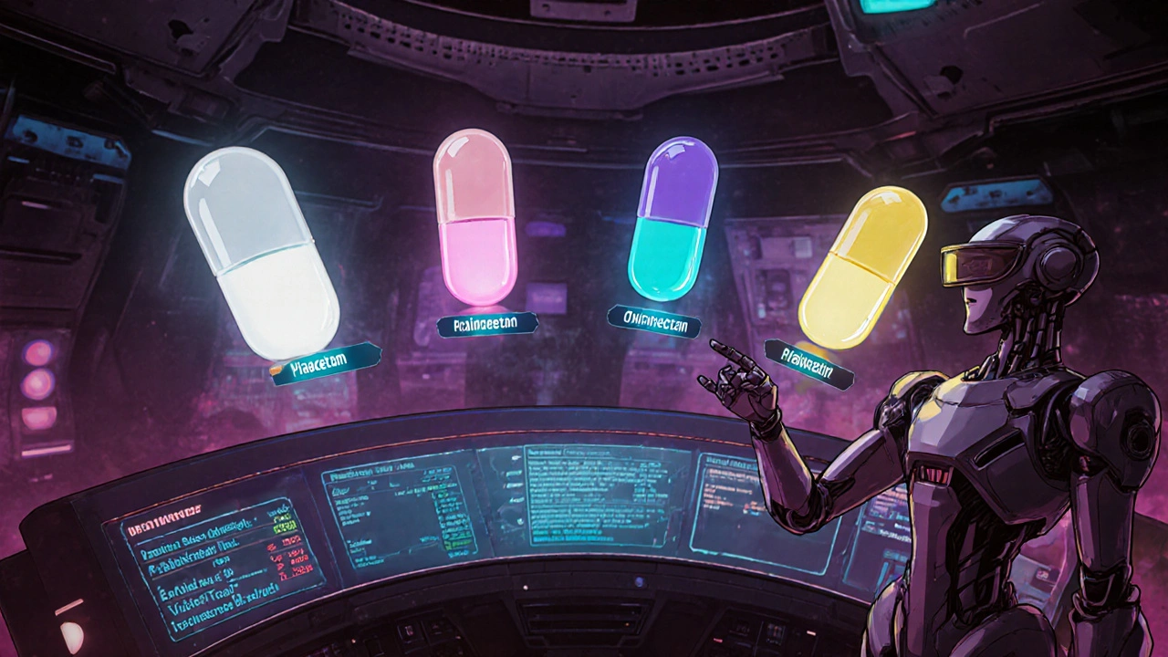 Holographic display shows a lineup of racetam pills with stats in a neon‑lit control room.