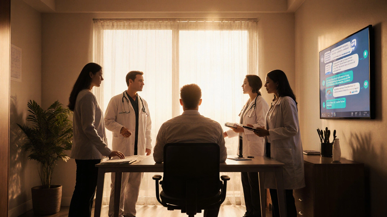 Home office gathering with family, physicians, therapist, and online community on screen.