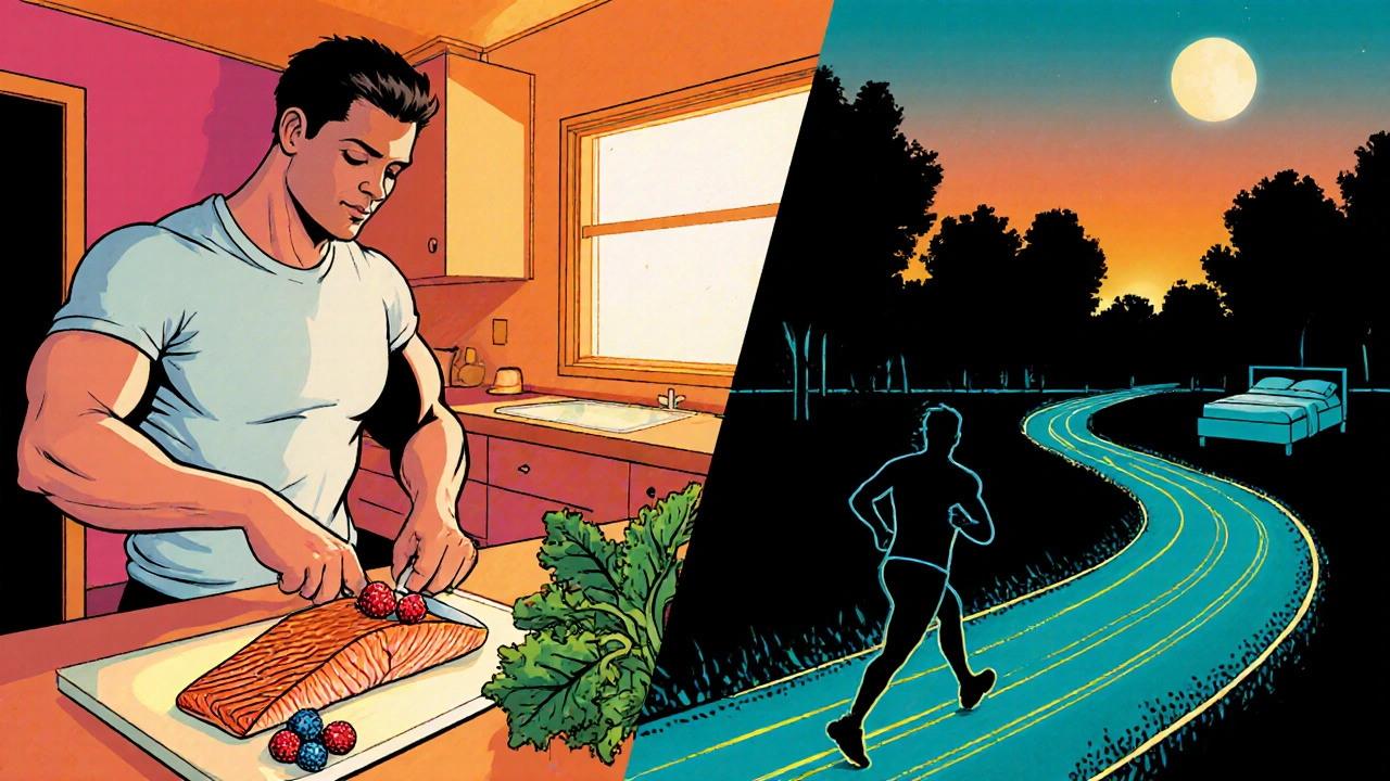 Kitchen with colorful anti‑inflammatory foods, jogging figure, and sleeping person in a comic panel.
