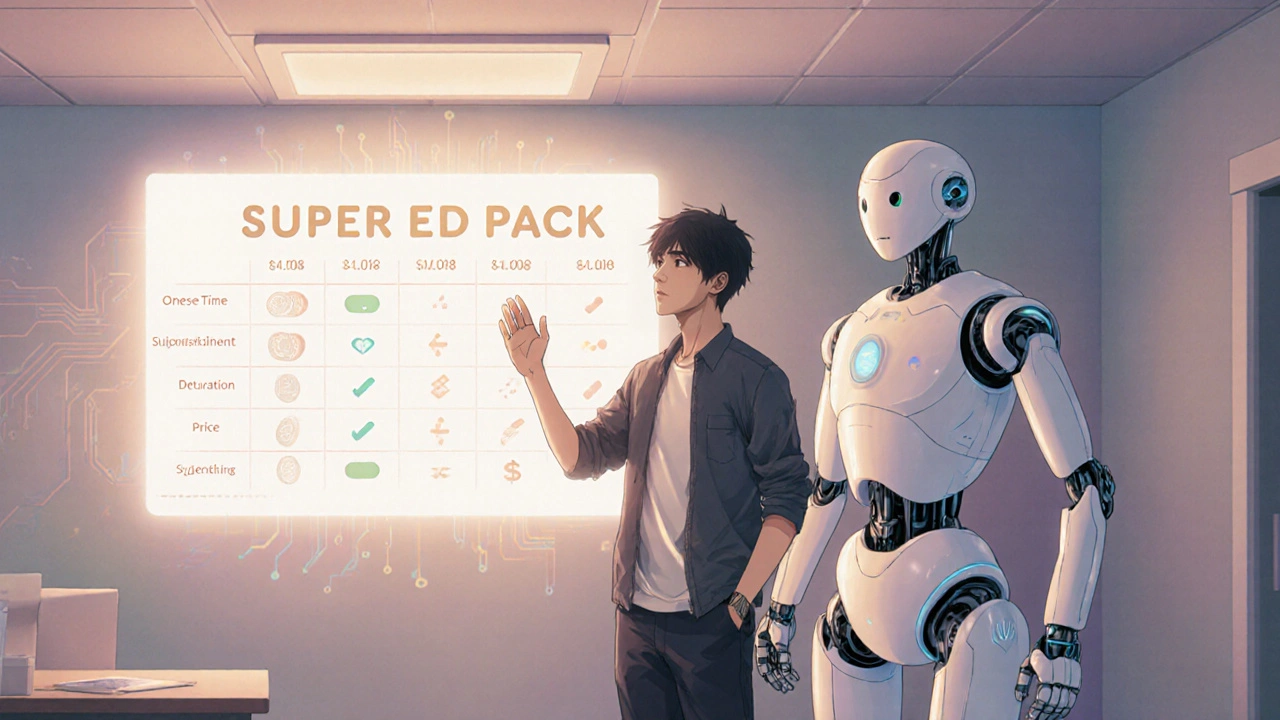Man consulting a medical robot reviewing a holographic ED medication comparison chart.