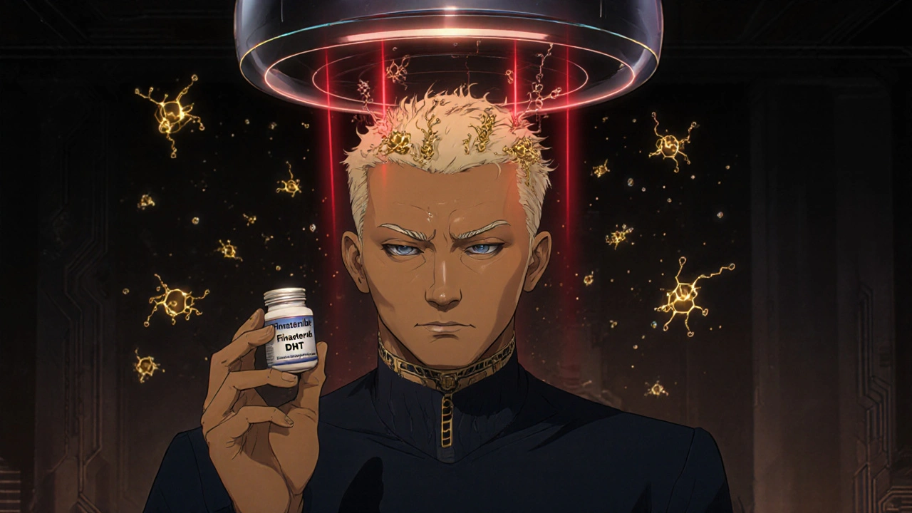 Man takes finasteride pill as laser beams and shrinking DHT molecules stimulate hair regrowth.