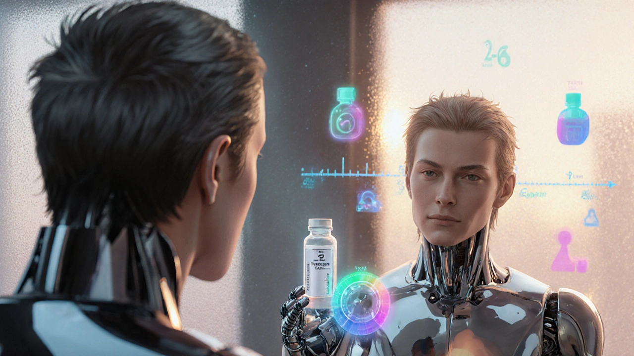 Man with thinning hair looks at mirror as robot shows medication timeline.