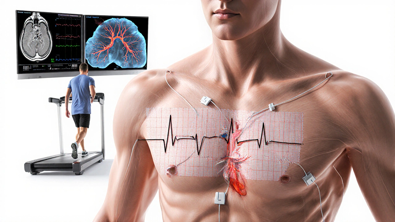 Medical collage of ECG on torso, treadmill stress test, cardiac MRI slice, and angiography view.
