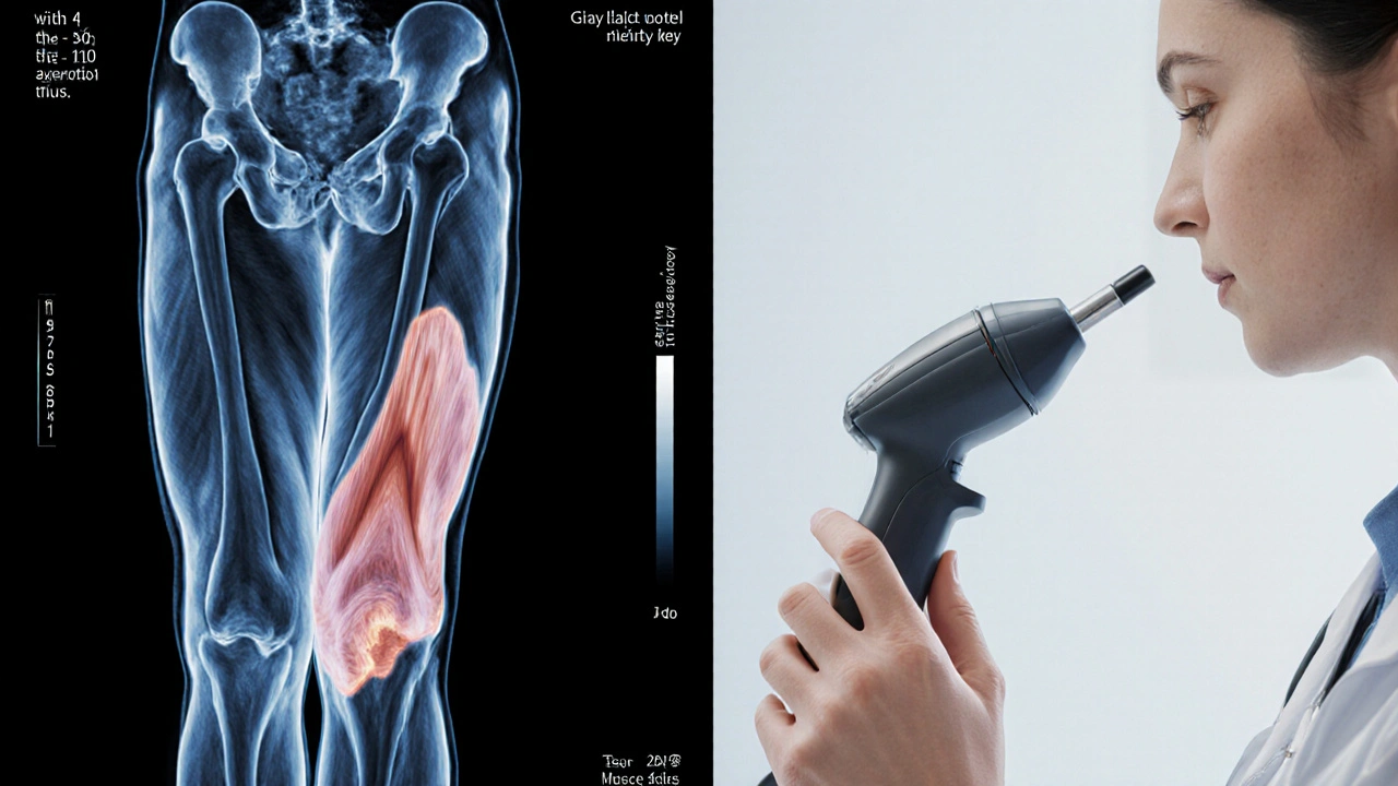 Medical illustration showing MRI and ultrasound of a thigh muscle tear.