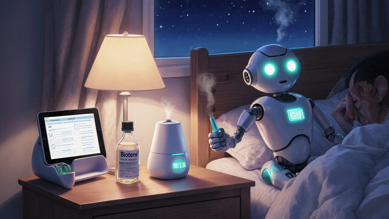 Nighttime bedroom scene with a robot dispensing pilocarpine, oral rinse, and a humidifier for dry mouth care.