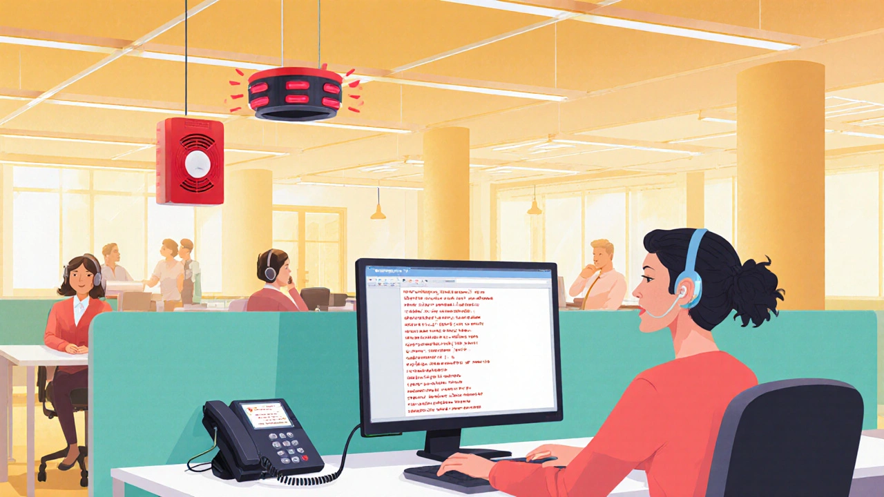 Office workstation with visual alarms, captioned phone, and speech‑to‑text software for a hearing‑impaired worker.
