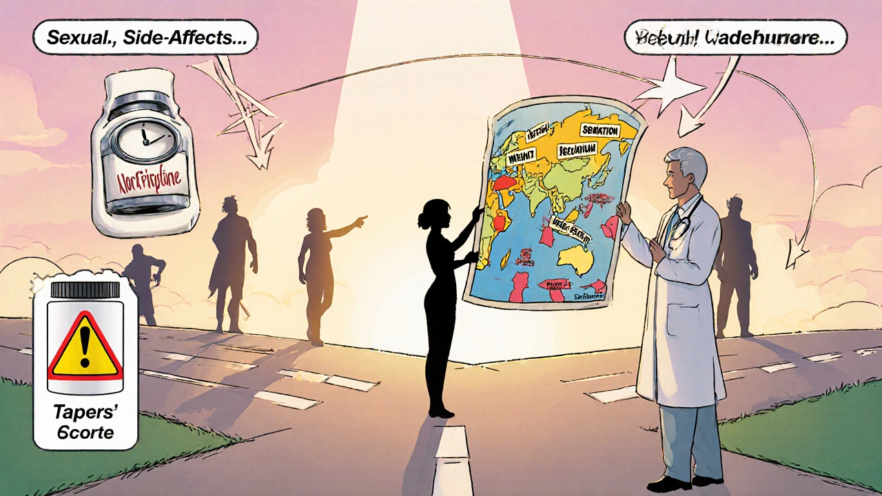 Patient at a crossroads guided by a doctor map with arrows to different antidepressant options.