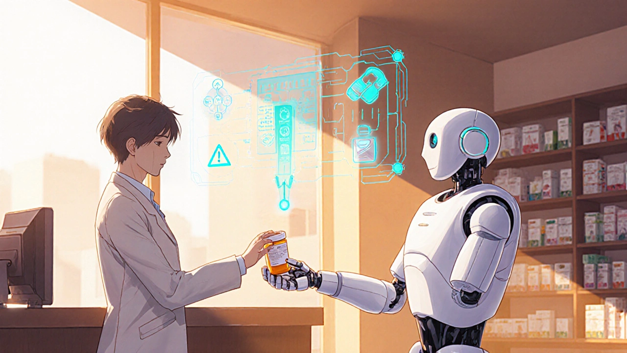 Patient receiving a prescription from a robot with floating tier icons and warning light.