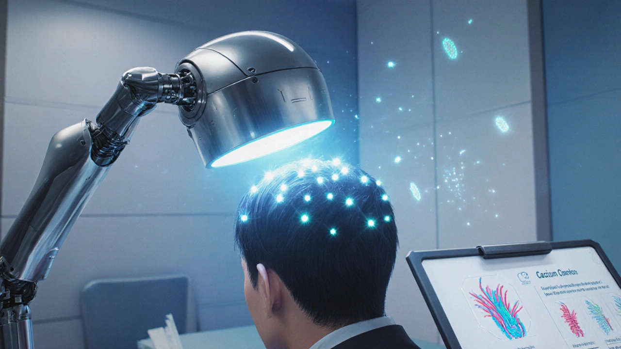 Patient scanned by a diagnostic robot showing scalp follicles in a clinic.