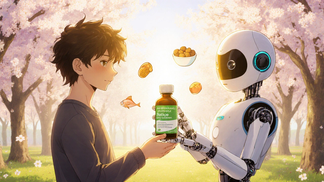 Patient with fuller hair outdoors, receiving alternative medication from a robot.