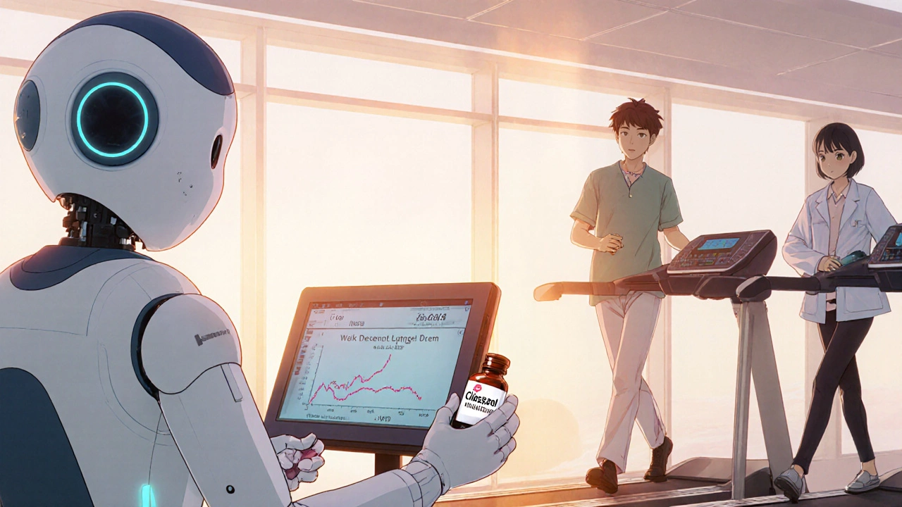 Patients walk on a treadmill; robot hands cilostazol pill, showing improved stride.