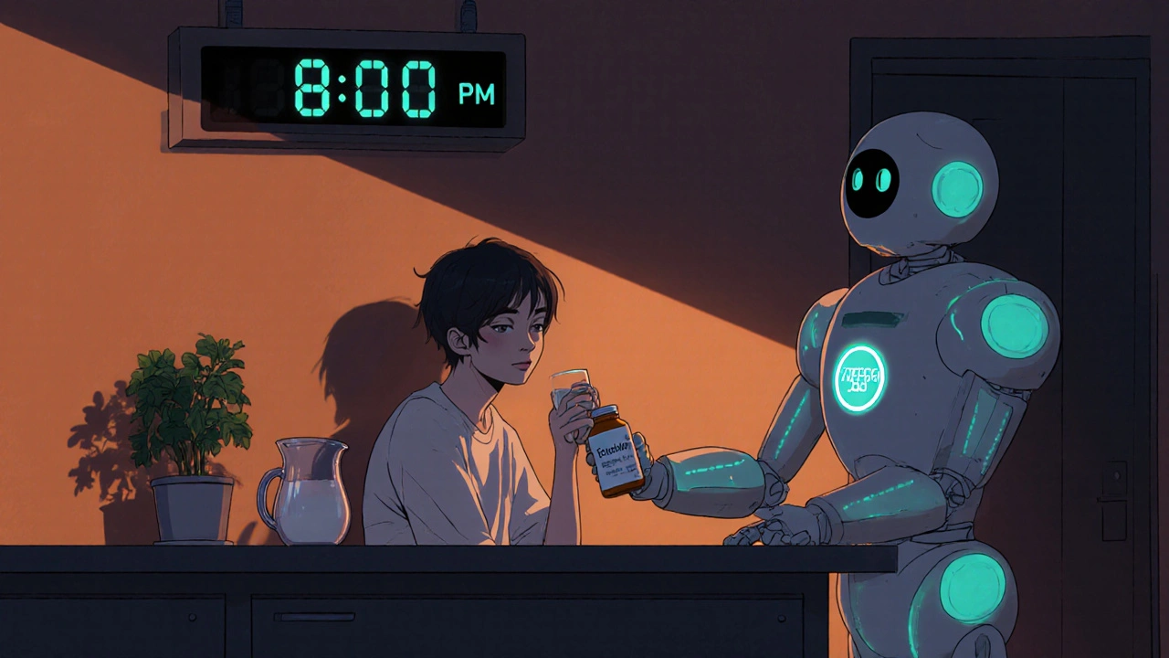 Person drinks milk while kitchen robot hands Etodolac pills, emphasizing safe use in a cozy kitchen.