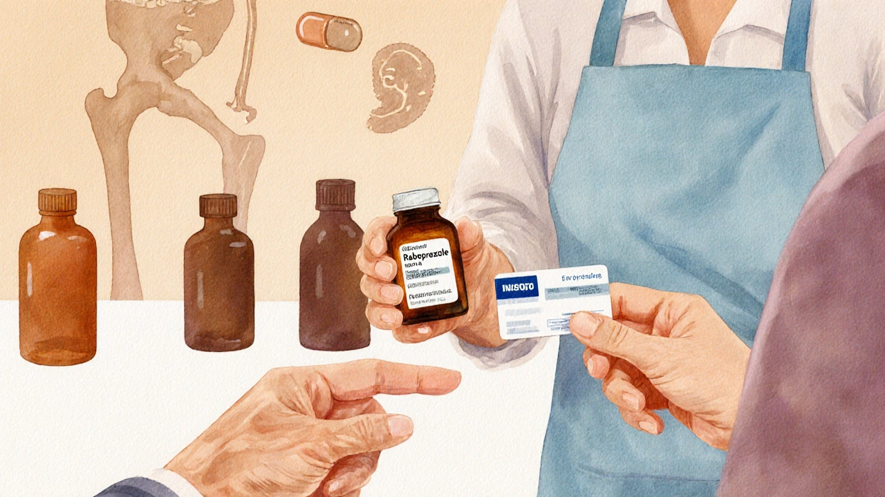Pharmacist giving a rabeprazole bottle to a patient at a pharmacy counter.