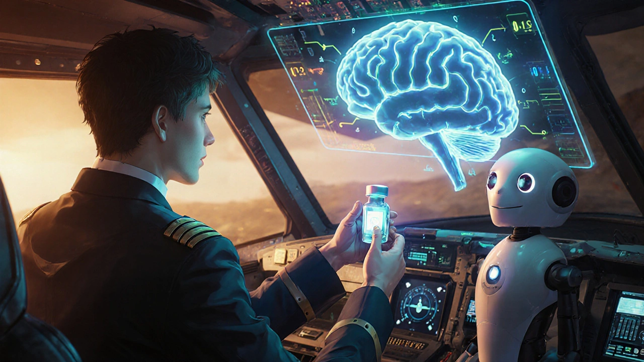 Pilot‑like figure checks a brain‑wave interface with a robot assistant, reviewing dosage schedule.