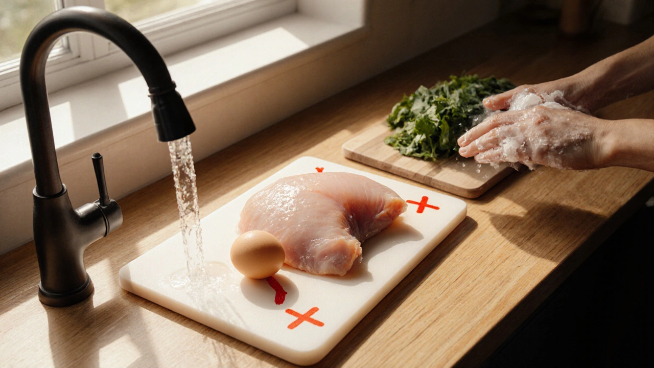 Realistic kitchen showing raw chicken, eggs, and hand washing to prevent contamination.
