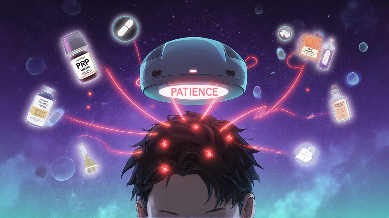 Robotic helmet emits laser pulses over scalp while natural and medical treatments glow in harmony.