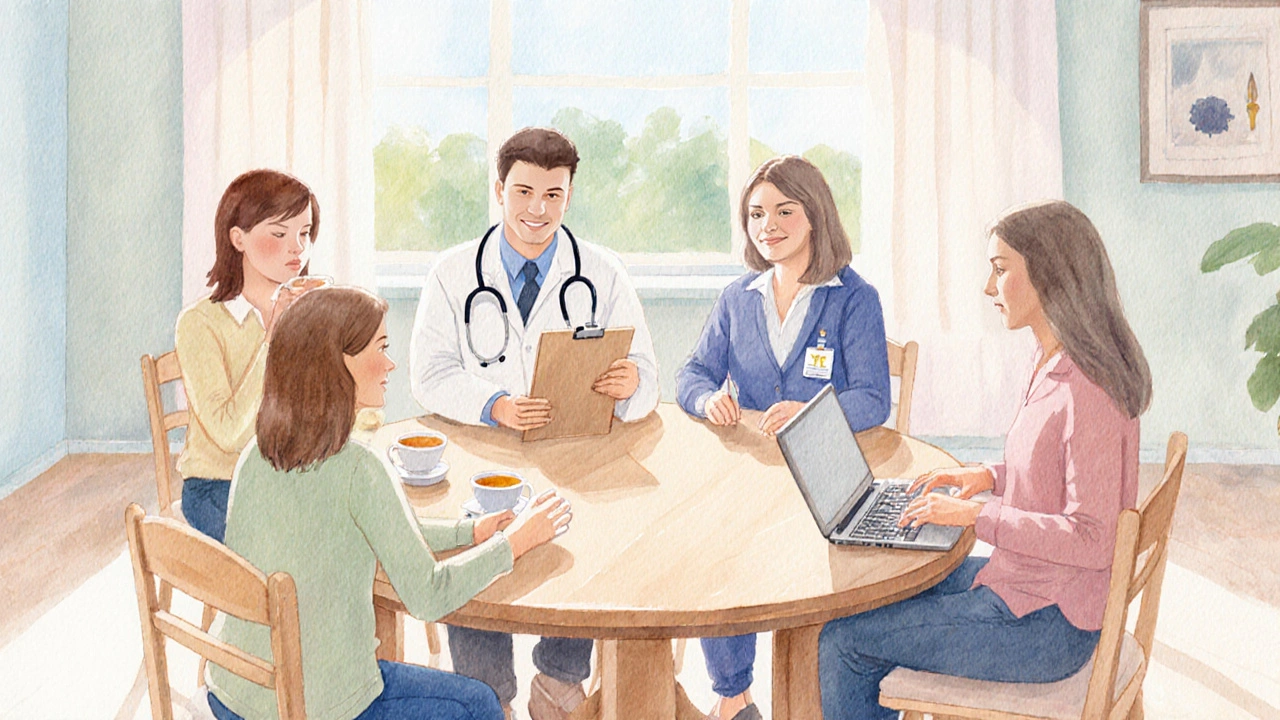 Round table with five figures representing family, doctors, advocacy, and online support.