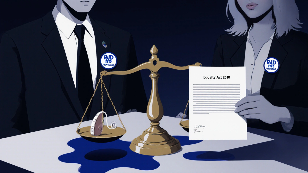 Scale of justice balancing a hearing aid and an Equality Act document, with a person seeking legal help.