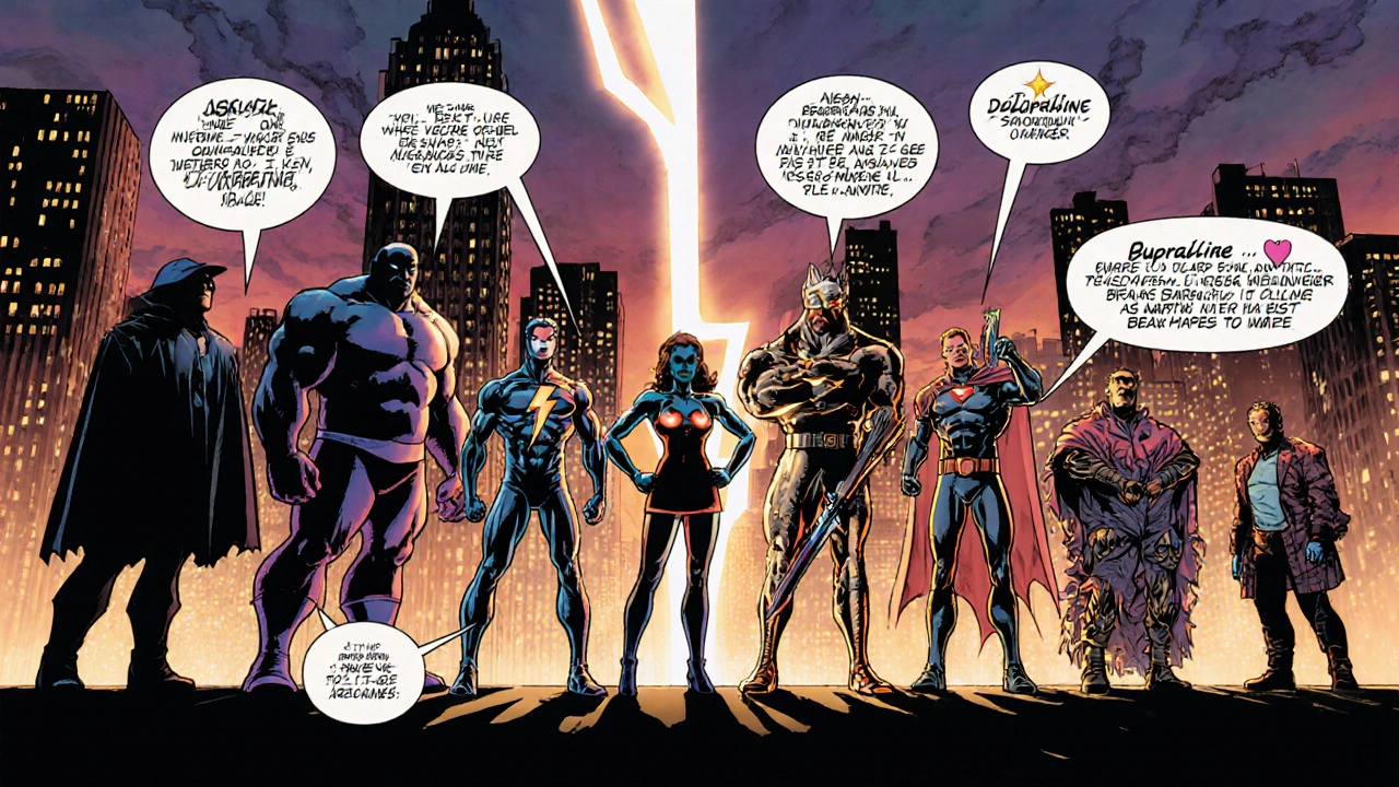 Superhero characters representing antidepressants showing side‑effect symbols in a comic battle.