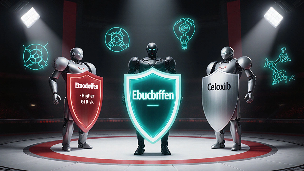 Three combat robots representing Etodolac, Ibuprofen, and Celecoxib with colored shields on arena floor.