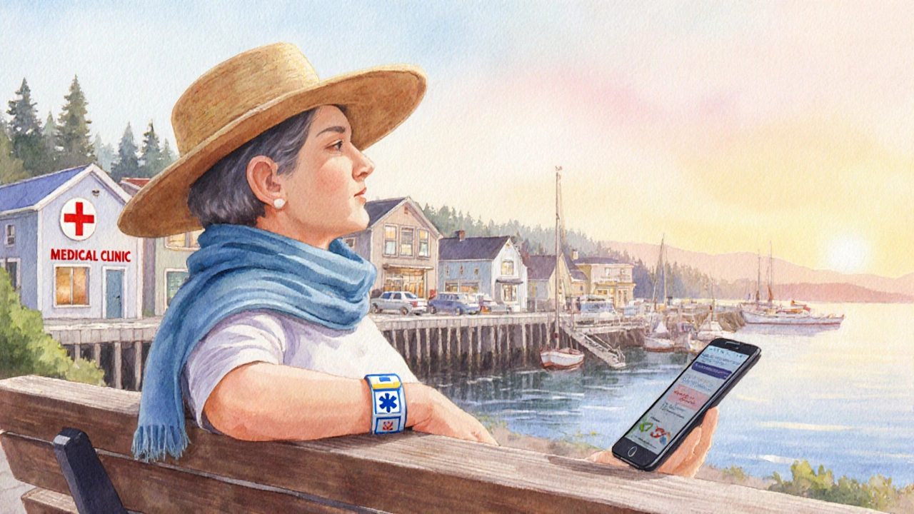 Traveler in coastal town wears medical alert bracelet, holding phone with medical info.