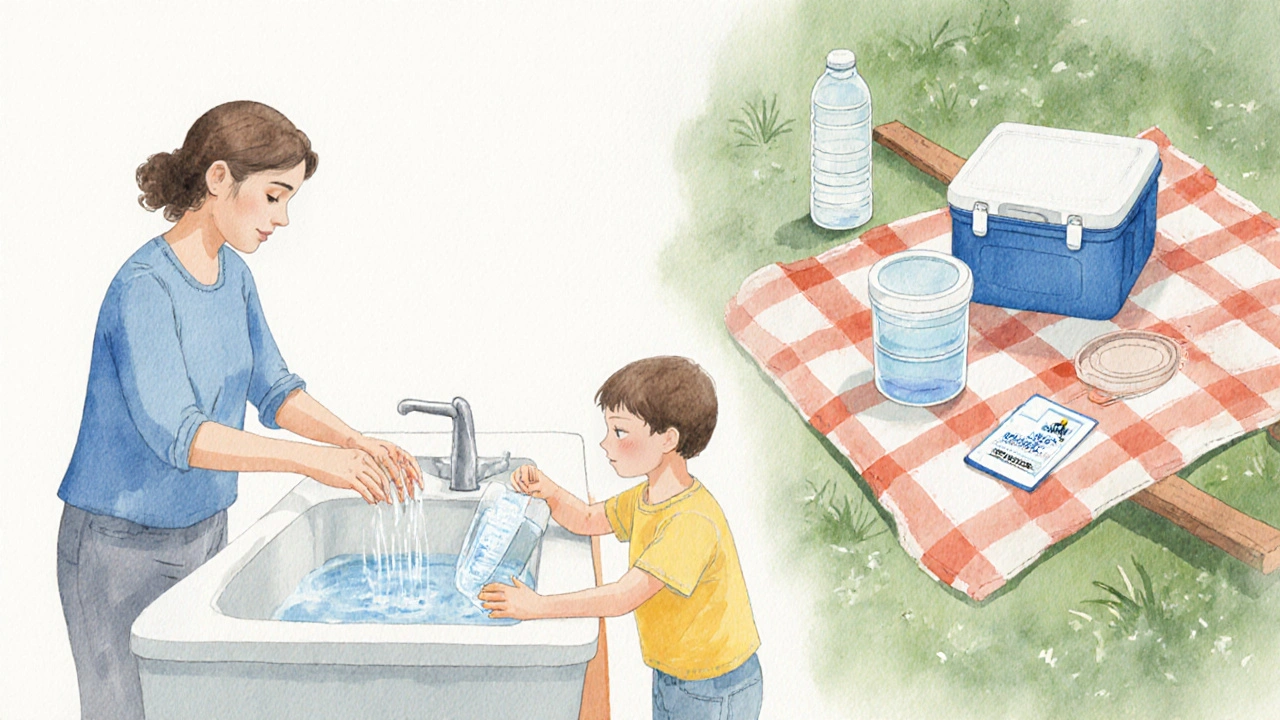 Watercolor scene of a family washing hands, using filtered water, and practicing food safety.