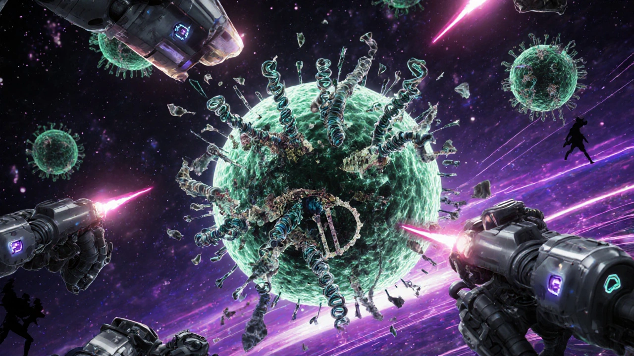 A cancer cell exploding during mitotic catastrophe as robotic immune cells fire nanobots at tangled chromosomes.