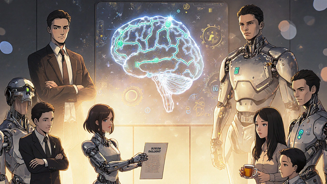 A diverse care team in robotic-augmented uniforms collaborating around a healing brain hologram in a modern clinic.