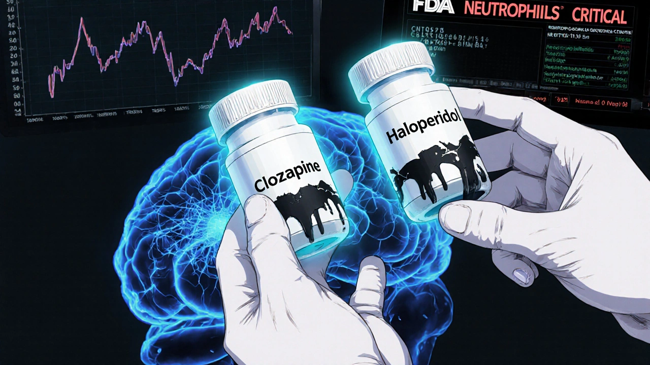 A doctor holds two pills — one safe, one dangerous — as a dying dopamine network glows beneath a blood test warning.