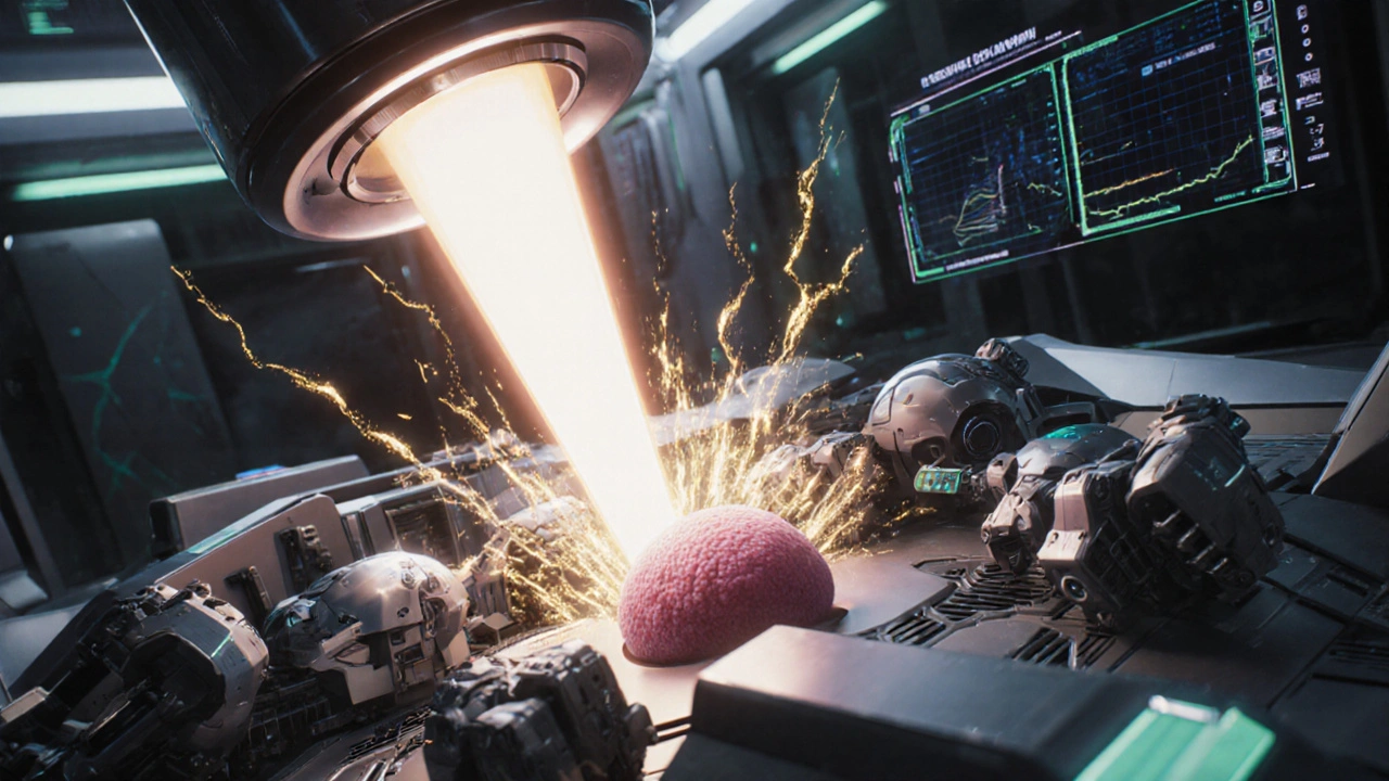 A FLASH radiation beam piercing a tumor shielded by fibroblasts, with immune cells awakening and ceramide shockwaves spreading.