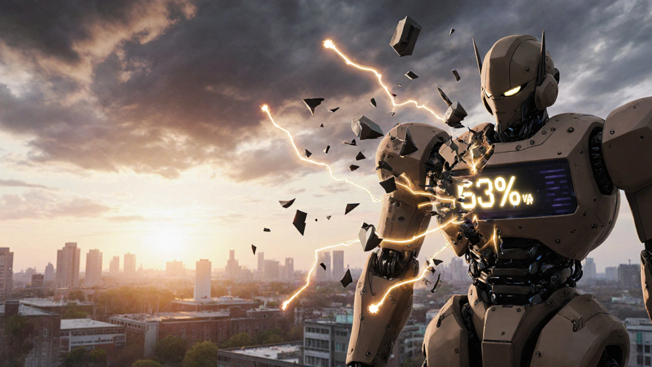 A fractured robot mind slowly reassembling under the influence of therapy, family, and medication, as a calm sunrise emerges behind.