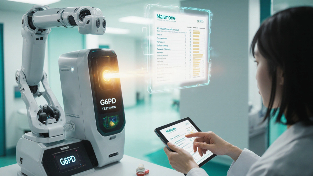 A futuristic G6PD tester glowing as it scans a patient, displaying safe drug alternatives.