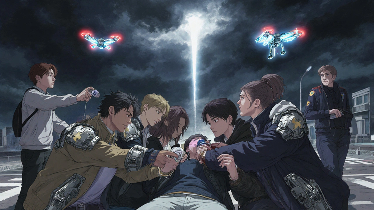 A group of people surround an unconscious person in recovery position as paramedics arrive.