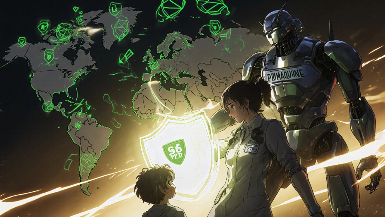 A medic shielding a child from a dangerous drug robot with a DNA-based safety barrier.