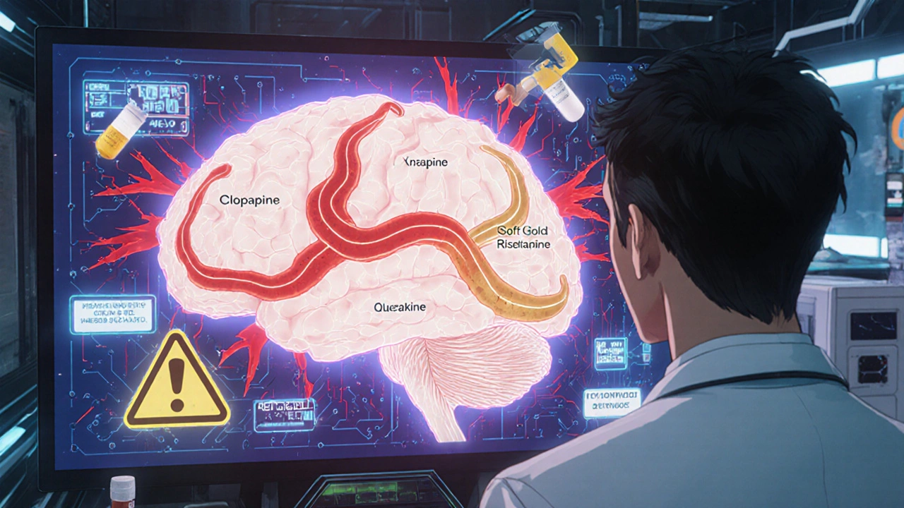 A neurologist views a neural map where safe drugs glow gently while dangerous ones crush brain circuits in a cyberpunk clinic.